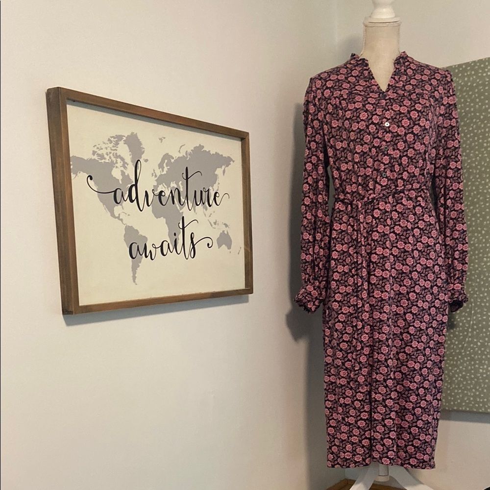 Boden Black & Pink Floral Long Sleeve Belted Midi Shirt Dress Size 10
